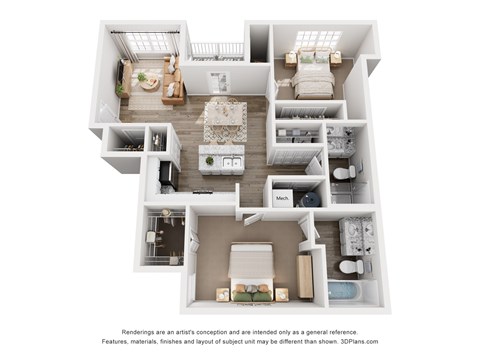 Floor plan for 2 beds, 2 baths, 1079 sqft
